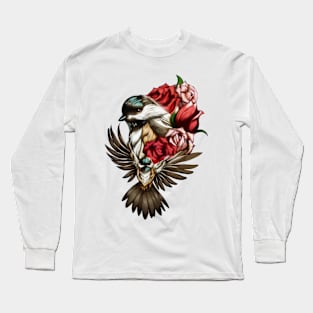 Black-Capped Chickadee and Roses Long Sleeve T-Shirt